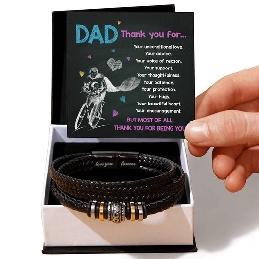 Dear dad, Thank you! Special message card for dad to acknowledge him on father´s day or his birthday. With stainless steel and vegan leather bracelet.