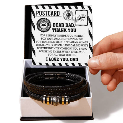 Post card to dad on father´s day and birthday. Stainless steel and vegan leather bracelet with message card .