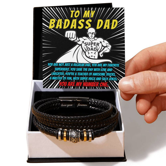 To my badass Dad. Message card with a love you forever bracelet made from vegan leather band and stainless steel decorative beads.