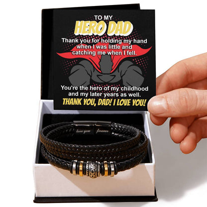 To my hero Dad, the center of my life, message card for father with stainless steel beaded vegan leather bracelet.