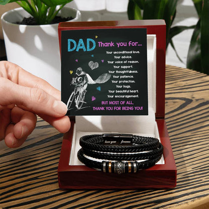 Dear dad, Thank you! Special message card for dad to acknowledge him on father´s day or his birthday. With stainless steel and vegan leather bracelet.