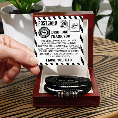 Post card to dad on father´s day and birthday. Stainless steel and vegan leather bracelet with message card .