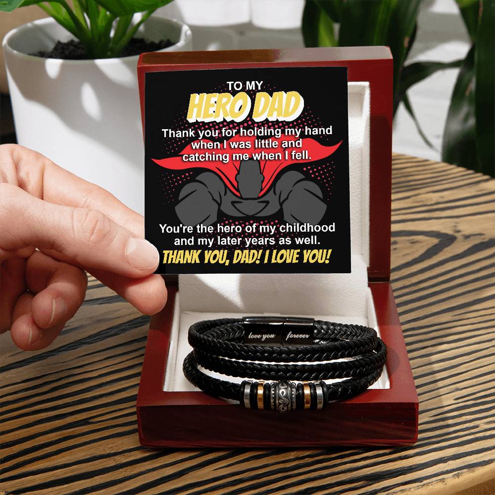 To my hero Dad, the center of my life, message card for father with stainless steel beaded vegan leather bracelet.