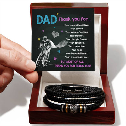 Dear dad, Thank you! Special message card for dad to acknowledge him on father´s day or his birthday. With stainless steel and vegan leather bracelet.