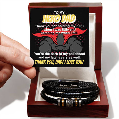 To my hero Dad, the center of my life, message card for father with stainless steel beaded vegan leather bracelet.