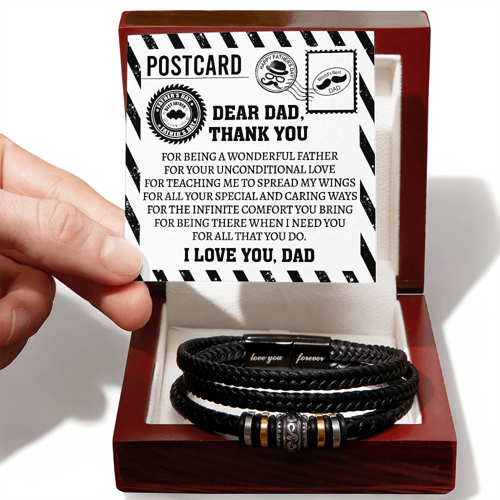 Post card to dad on father´s day and birthday. Stainless steel and vegan leather bracelet with message card .