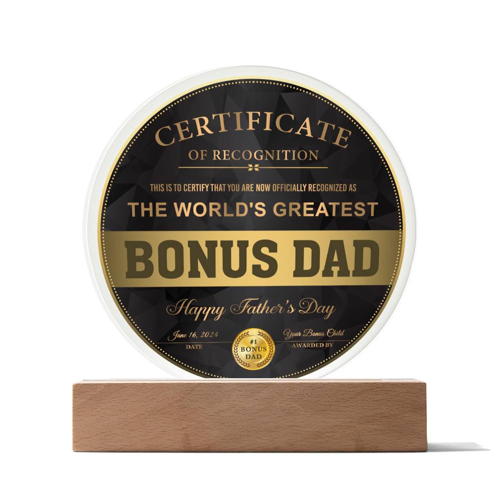 Certificate of recognition for Bonus Dad on father´s day celebration.