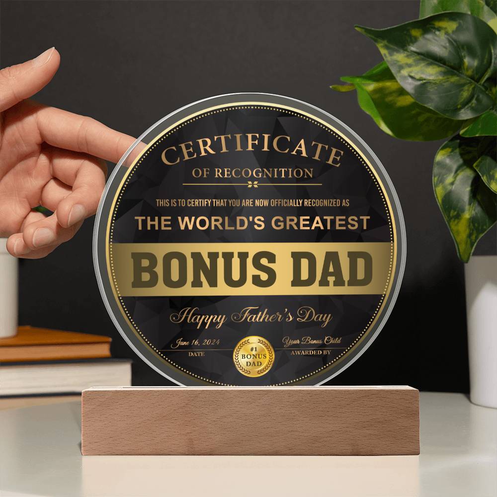 Certificate of recognition for Bonus Dad on father´s day celebration.