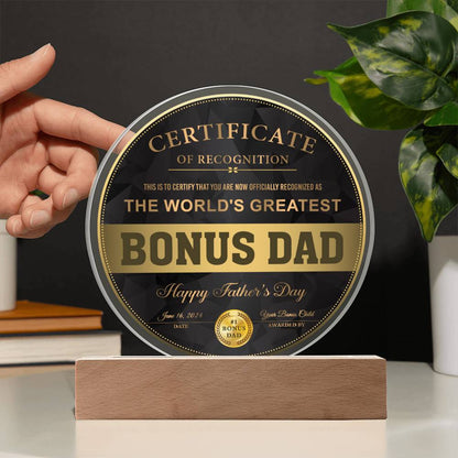 Certificate of recognition for Bonus Dad on father´s day celebration.