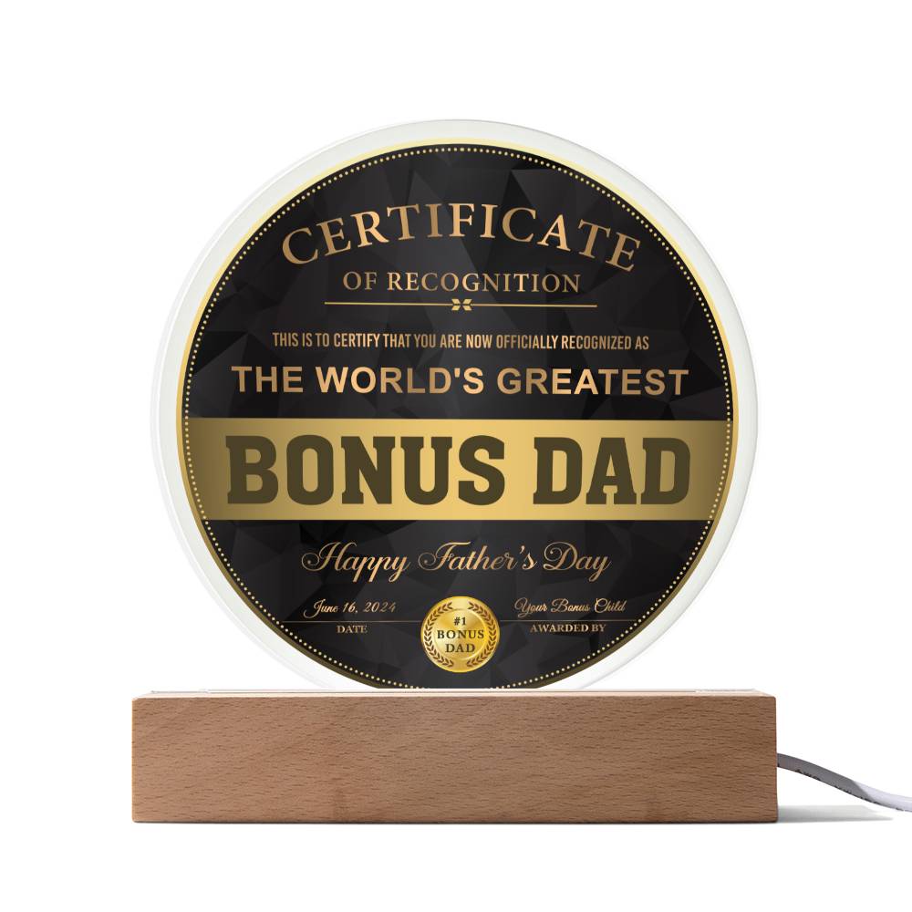 Certificate of recognition for Bonus Dad on father´s day celebration.