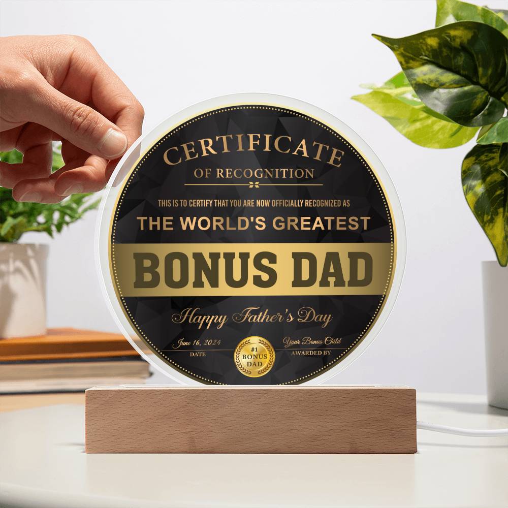 Certificate of recognition for Bonus Dad on father´s day celebration.