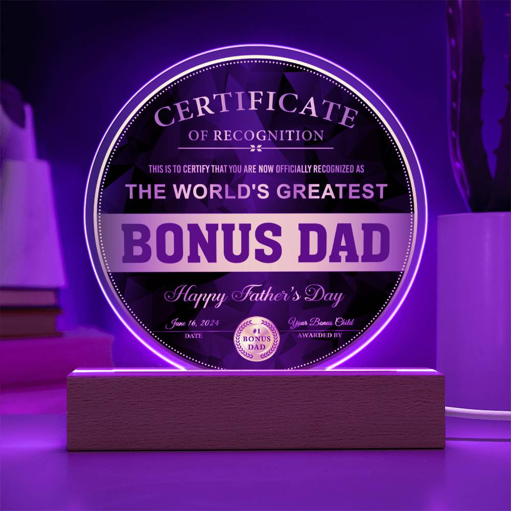 Certificate of recognition for Bonus Dad on father´s day celebration.