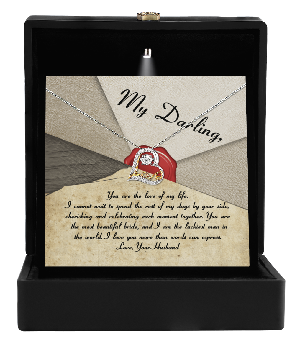 To my bride-to-be, heartfelt message on greeting card together with beautiful love dancing sterling silver necklace.