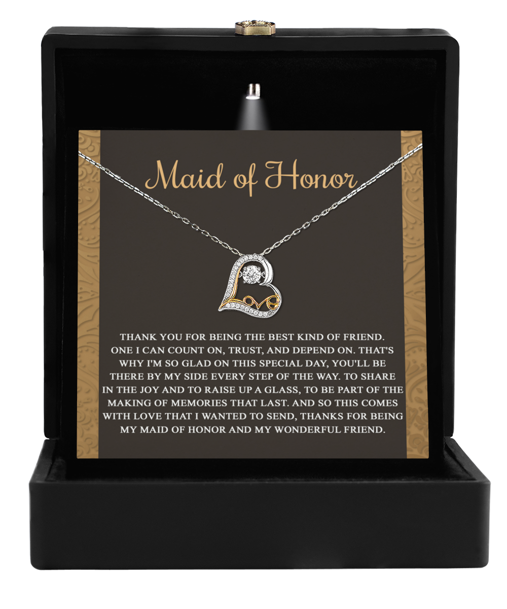 Maid of honor message card greeting with love dancing necklace gift from bride.