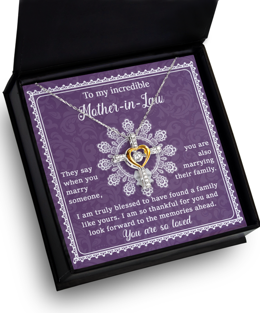 Mother-in-law mother´s day gift from duaghter-in-law, son-in-law. Cross dancing necklace on message card. Printed and shipped from USA.