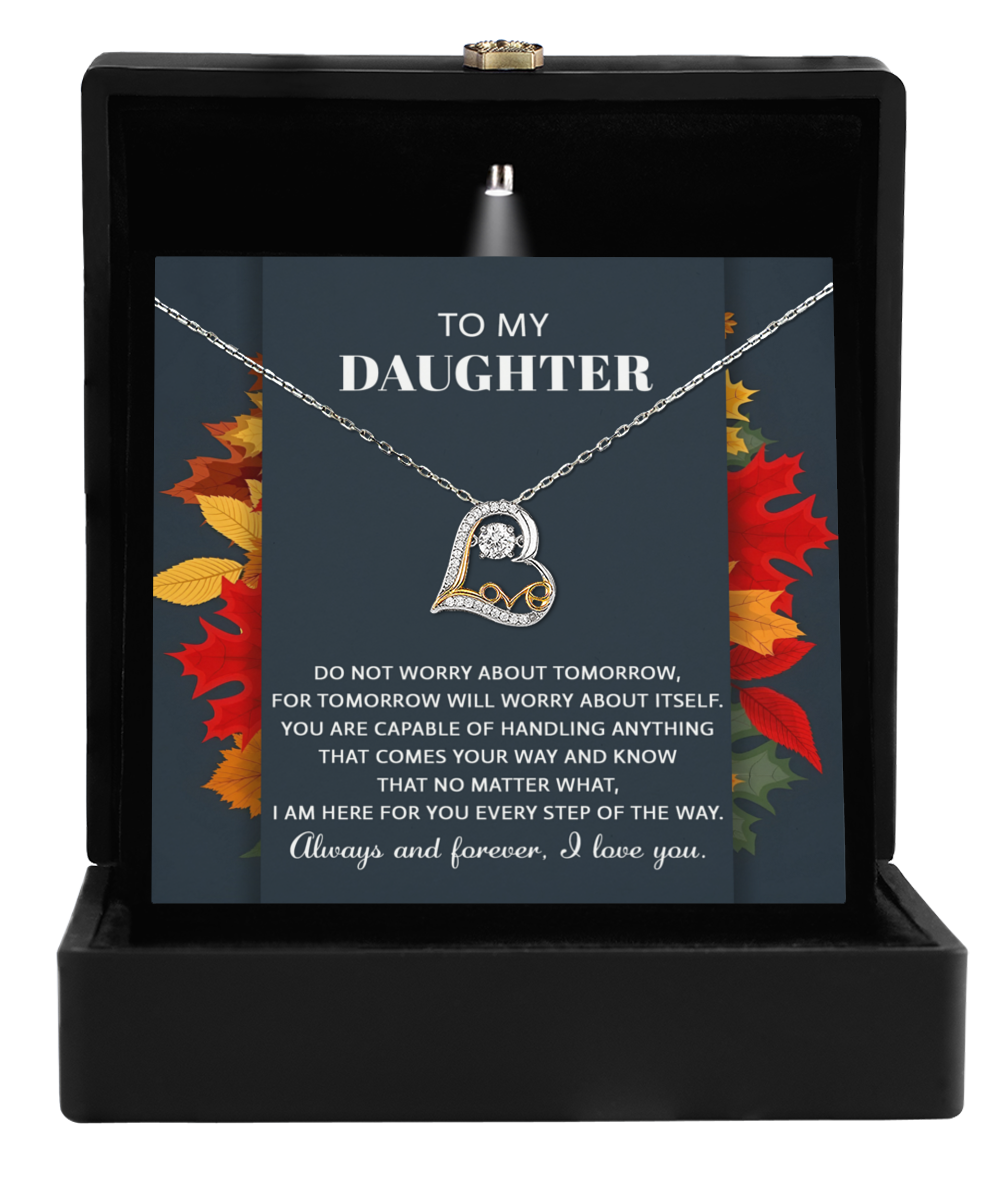 Message card from parent to daughter, together with lovely love dancing necklace. Gift idea for her birthday and other anniversaries.