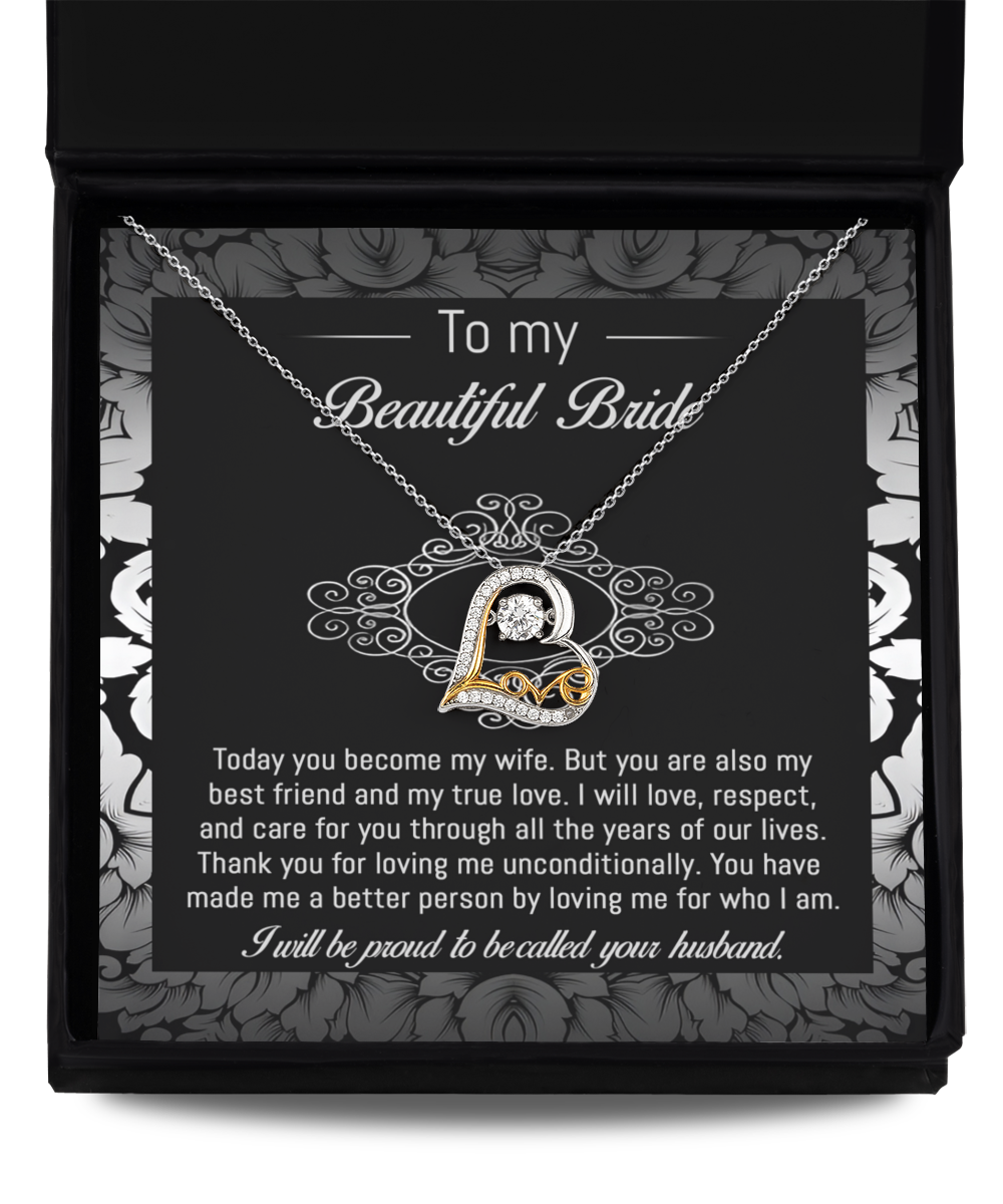 To my beautiful bride, message card with love dancing necklace from proud husband.