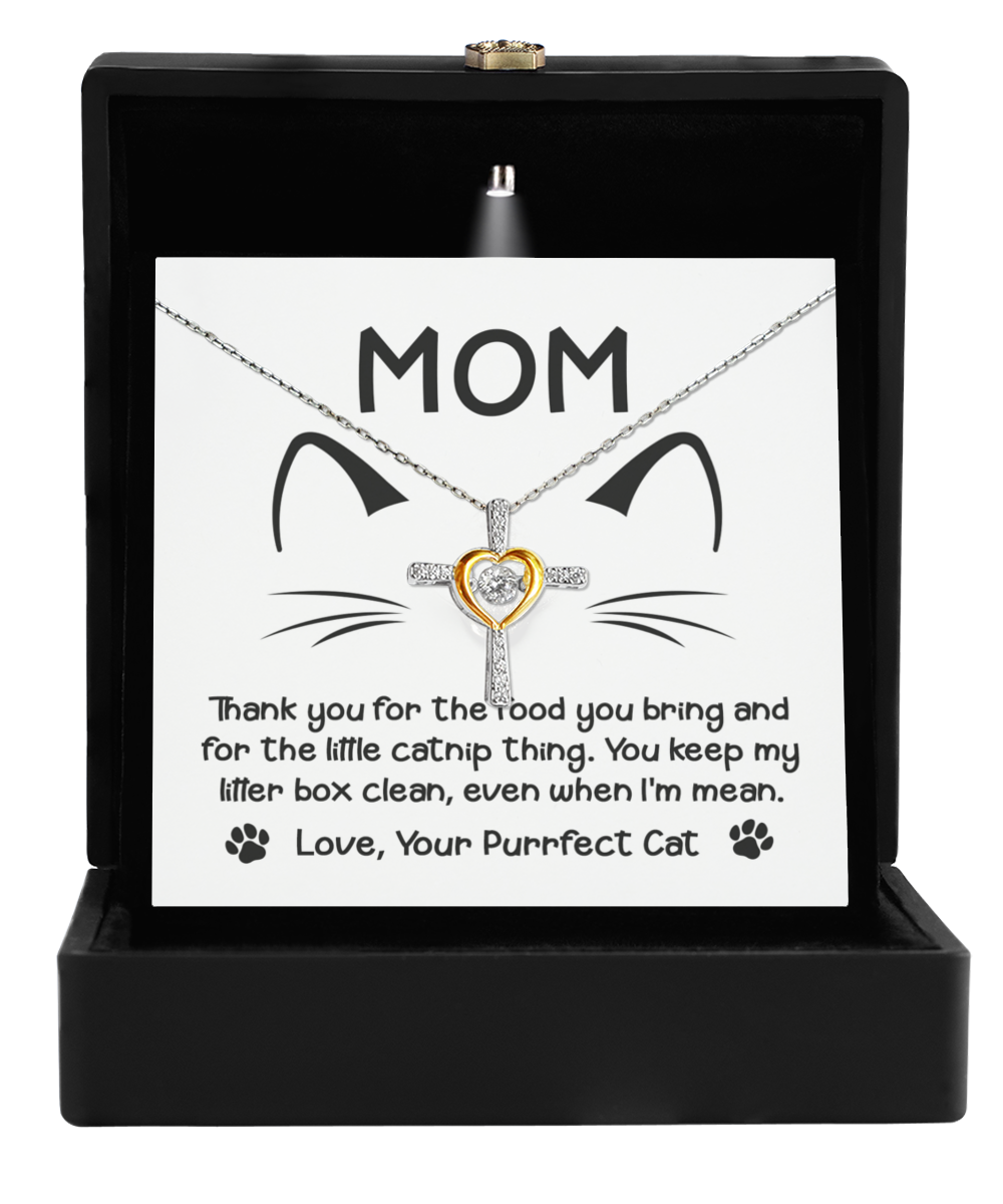 Cat mom gift on mother´s day, or just because present of cross dancing pendant necklace. Printed and shipped in the USA.