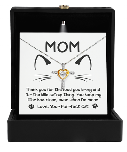 Cat mom gift on mother´s day, or just because present of cross dancing pendant necklace. Printed and shipped in the USA.