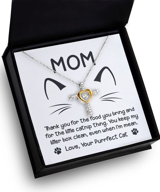 Cat mom gift on mother´s day, or just because present of cross dancing pendant necklace. Printed and shipped in the USA.