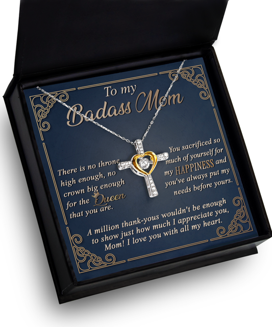 To mom the queen of my life, gift card of dancing cross necklace, ships from and printed in the USA.