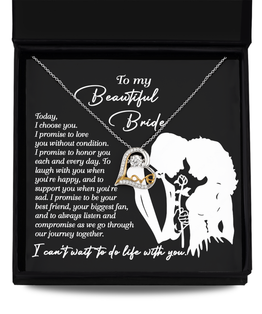 To my beautiful bride from groom to bride on wedding day, message card with love dancing sterling silver necklace.