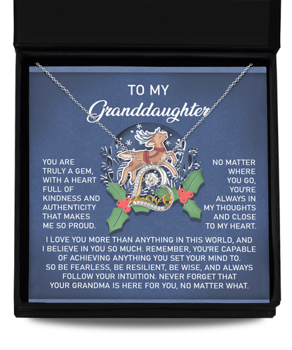 Granddaughter seasons greeting card, comes with custom message and love dancing necklace. Made in USA