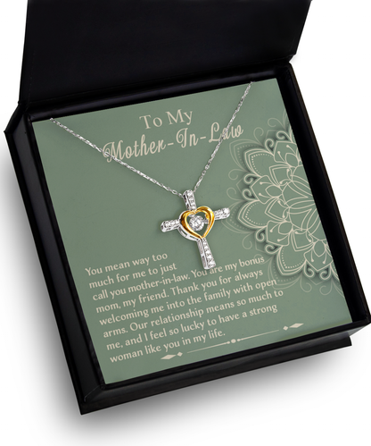 To my mother-in-law, you are my bonus mom and my friend. Cross dancing necklace on card for her. Printed and shipped from USA