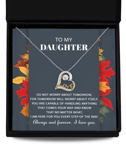 Message card from parent to daughter, together with lovely love dancing necklace. Gift idea for her birthday and other anniversaries.