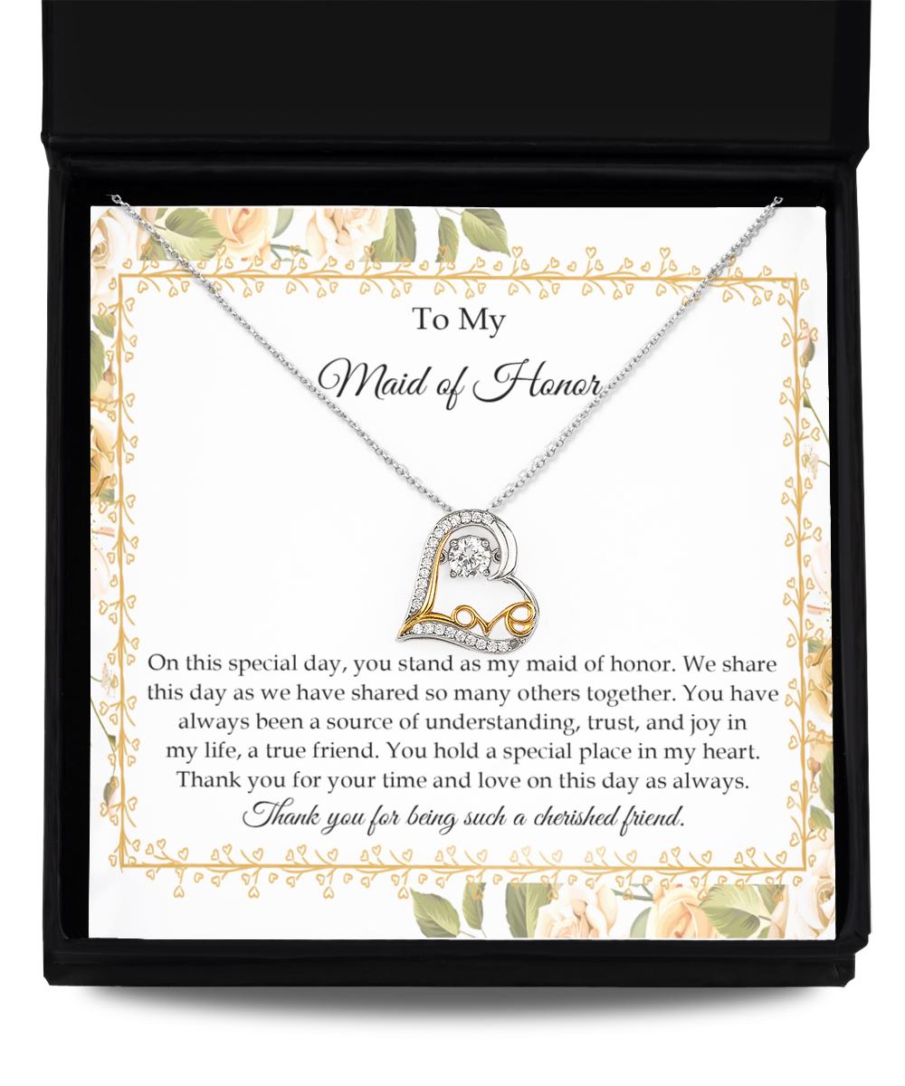 To my maid of honorlove dancing necklace with message card from bride to bridesmaid.