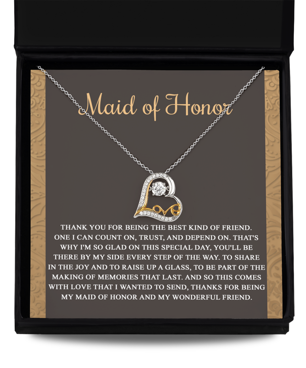 Maid of honor message card greeting with love dancing necklace gift from bride.