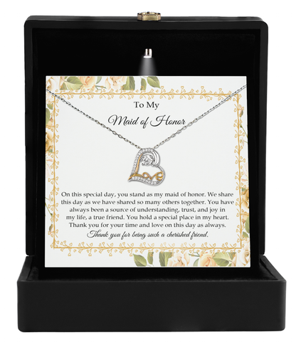 To my maid of honorlove dancing necklace with message card from bride to bridesmaid.