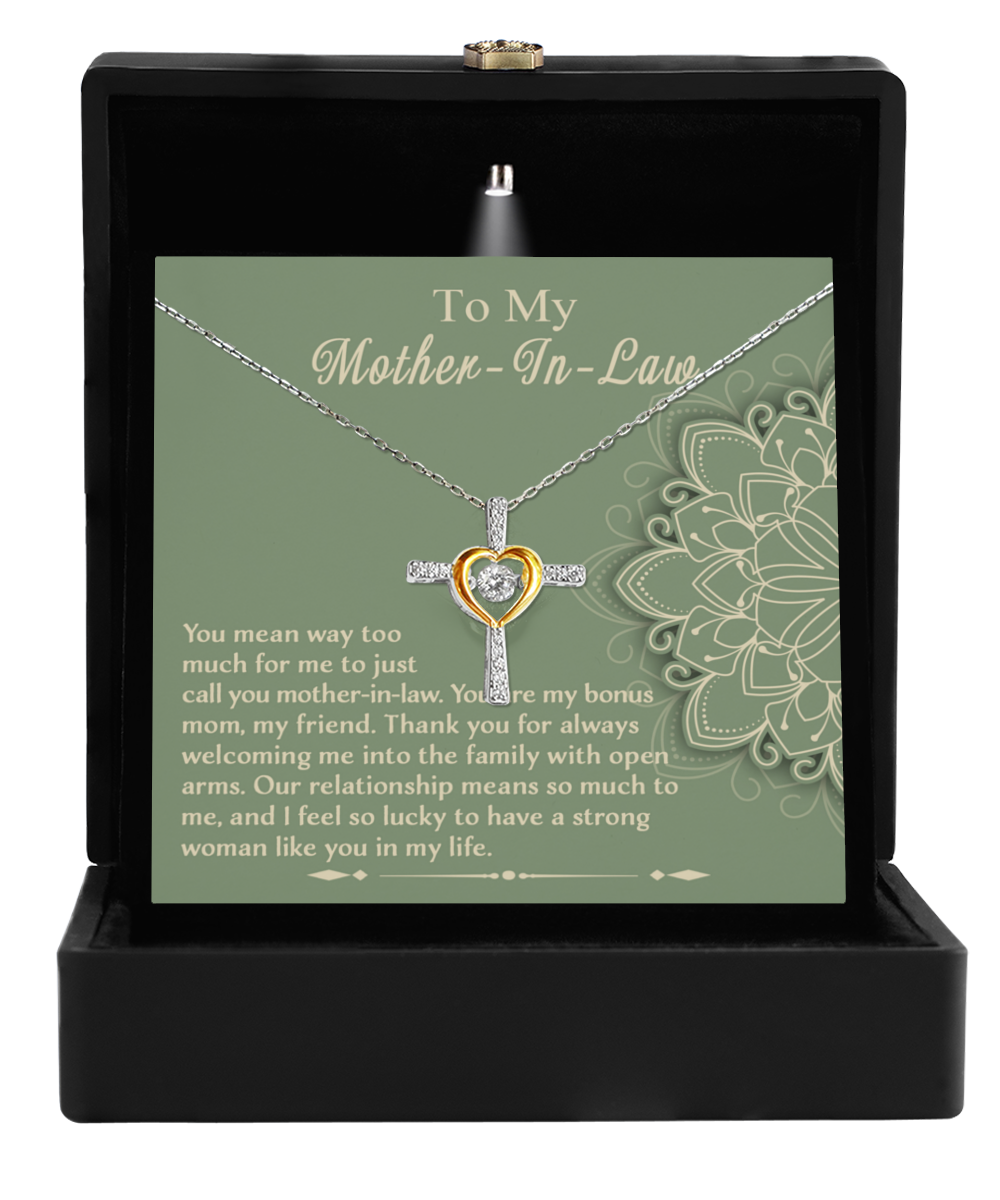 To my mother-in-law, you are my bonus mom and my friend. Cross dancing necklace on card for her. Printed and shipped from USA