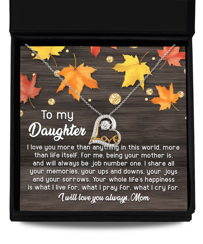 Love note on message card from mom to daughter, includes love dancing pendant necklace, USA made