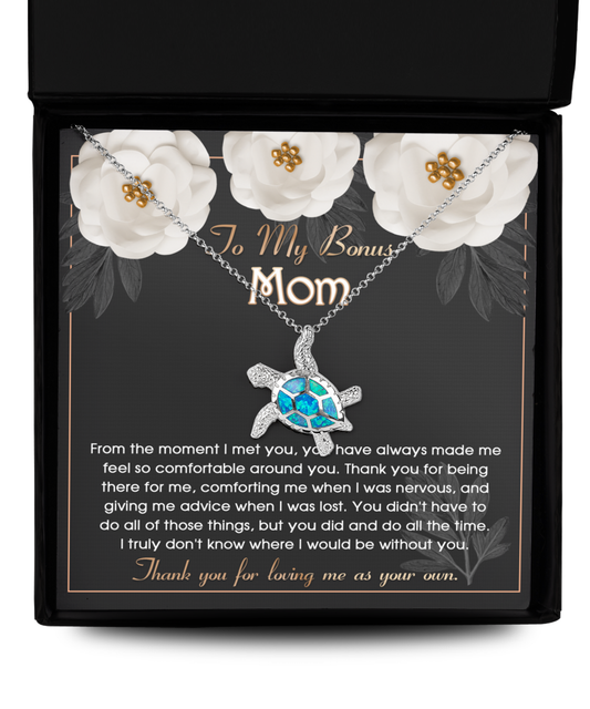 To my bonus mom, Opal turtle necklace gift for stepmom on birthday and anniversary celebrations.