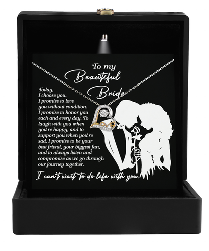 To my beautiful bride from groom to bride on wedding day, message card with love dancing sterling silver necklace.