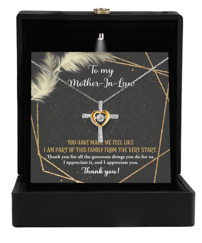 To my mother- in- law, jewelry gift card of cross dancing necklace for husband´s mother, wife´s mom on anniversary celebrations. Printed in the USA