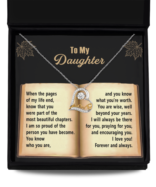 To my daughter, love note from parent to child, message card with love dancing necklace. Printed and shipped from USA