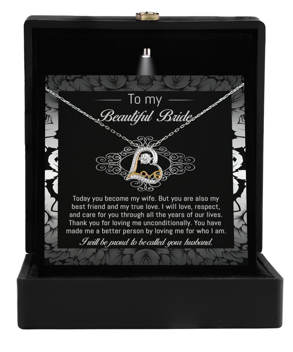 To my beautiful bride, message card with love dancing necklace from proud husband.