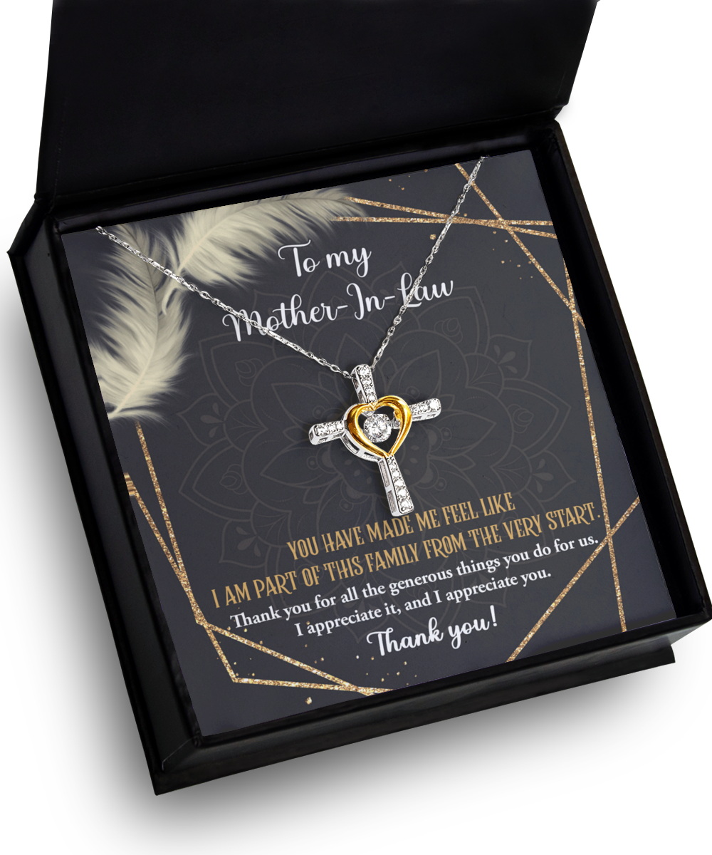 To my mother- in- law, jewelry gift card of cross dancing necklace for husband´s mother, wife´s mom on anniversary celebrations. Printed in the USA