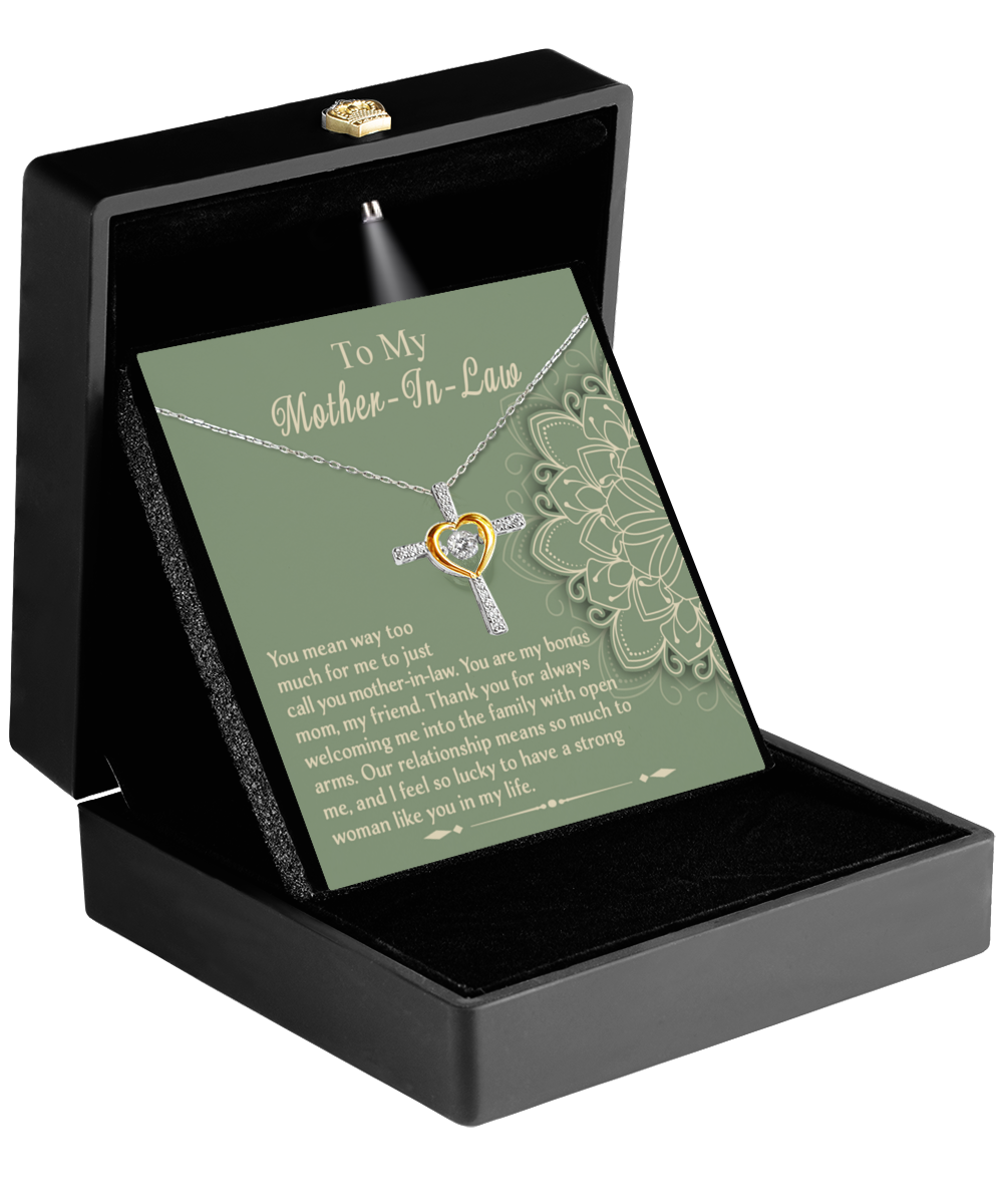 To my mother-in-law, you are my bonus mom and my friend. Cross dancing necklace on card for her. Printed and shipped from USA