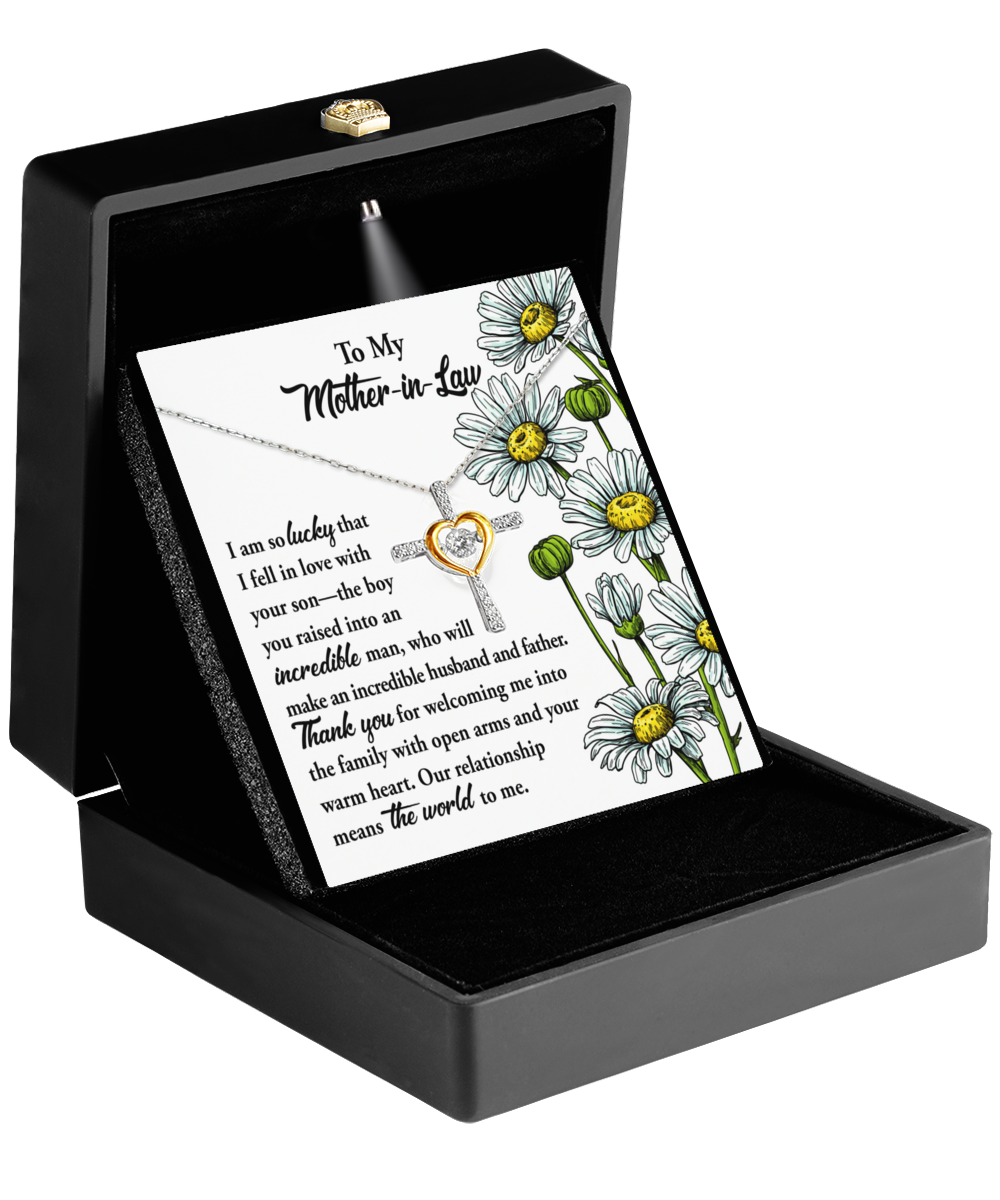 Mother-in-law cross dancing necklace jewelry card. Gift for mother-in-law on birthday, mother´s day, anniversary celebration. Printed and shipped from the USA.