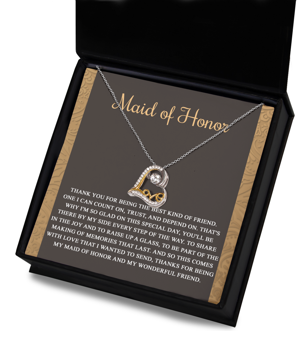 Maid of honor message card greeting with love dancing necklace gift from bride.