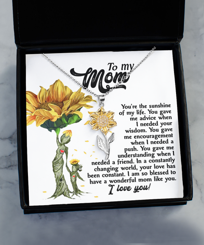 To my mom- The sunshine of my life, Sunflower pendant necklace for mom on her birthday, mother´s day, women´s day and other anniversaries, printed in USA