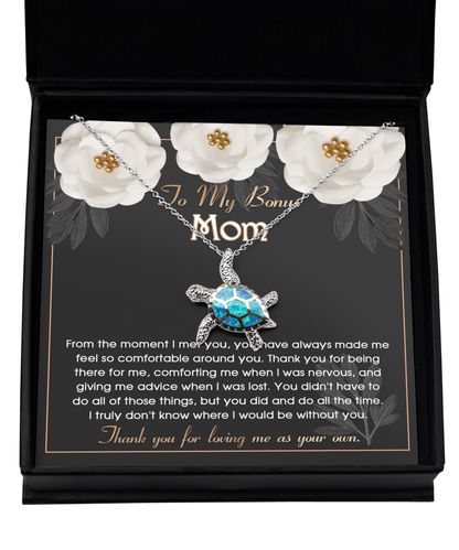 To my bonus mom, Opal turtle necklace gift for stepmom on birthday and anniversary celebrations.