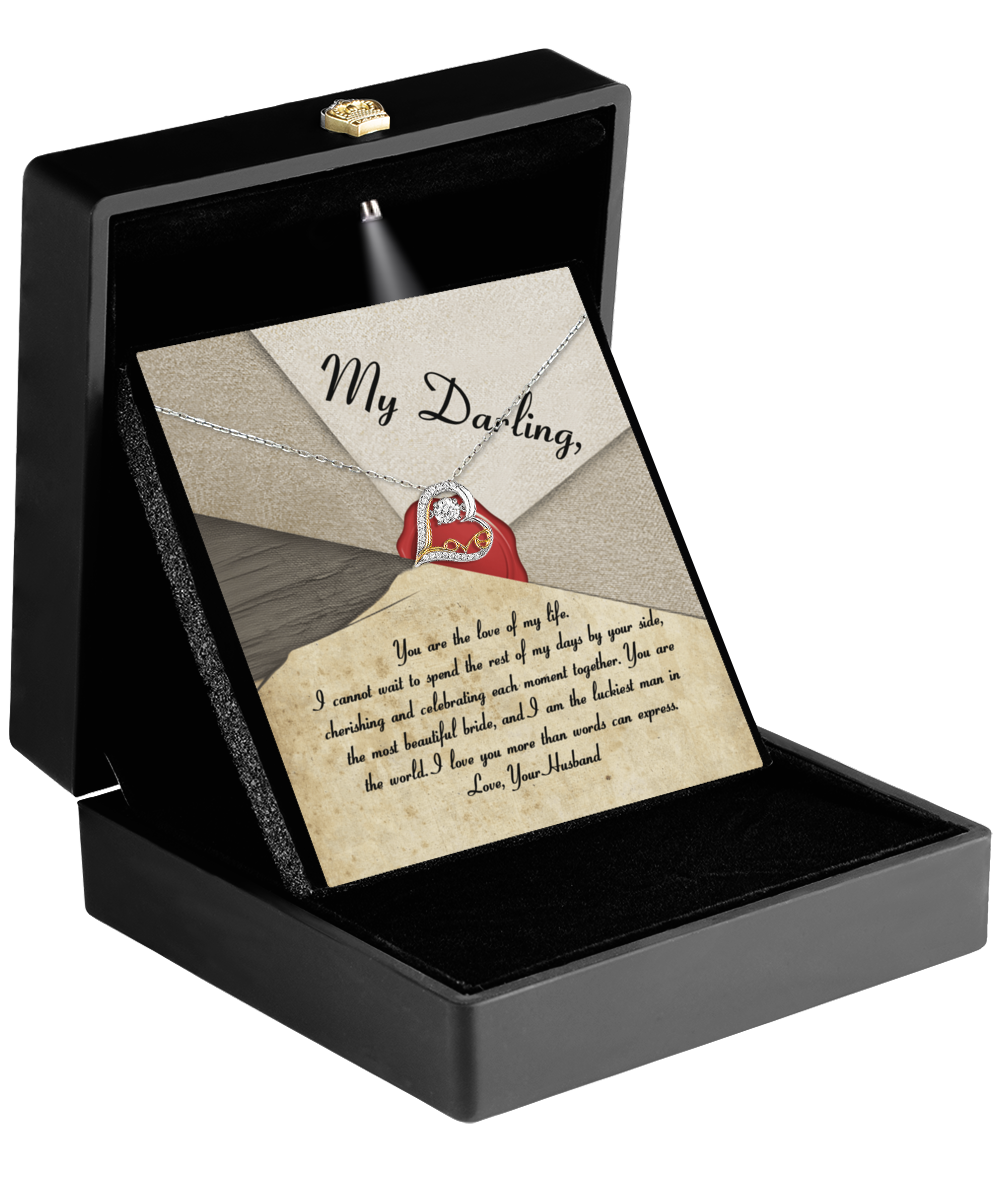 To my bride-to-be, heartfelt message on greeting card together with beautiful love dancing sterling silver necklace.