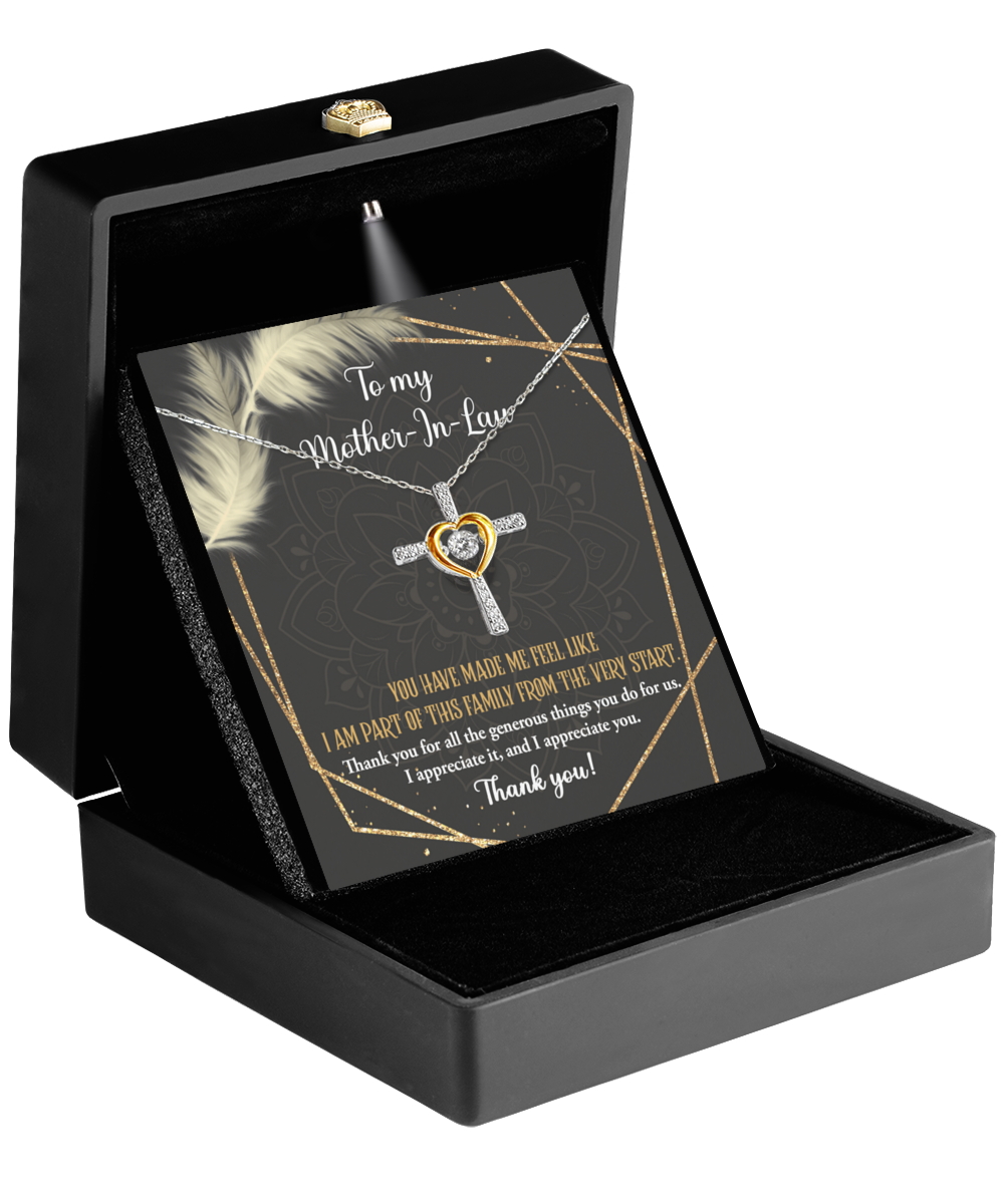 To my mother- in- law, jewelry gift card of cross dancing necklace for husband´s mother, wife´s mom on anniversary celebrations. Printed in the USA