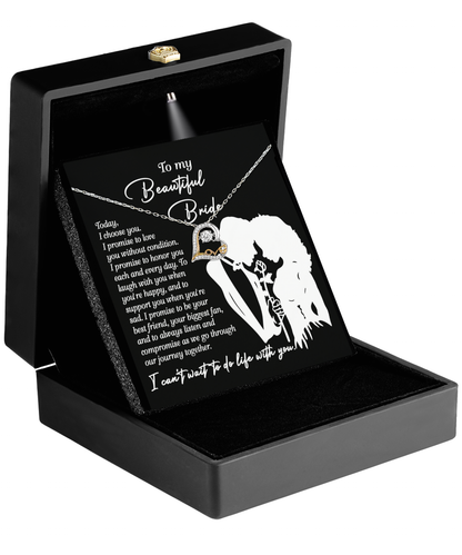 To my beautiful bride from groom to bride on wedding day, message card with love dancing sterling silver necklace.