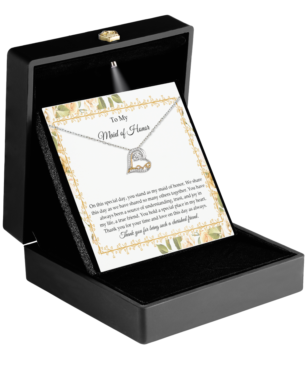 To my maid of honorlove dancing necklace with message card from bride to bridesmaid.