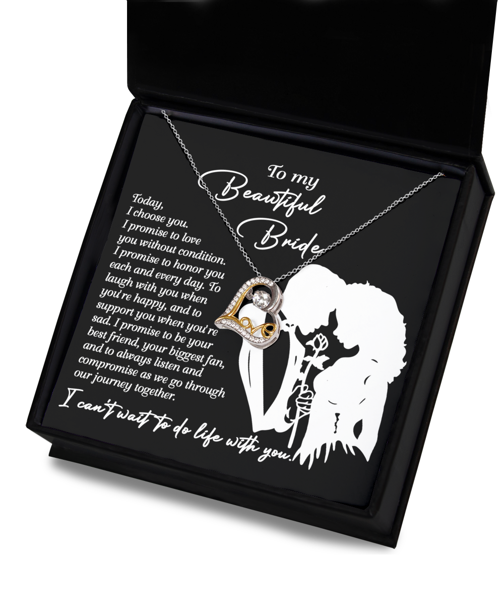 To my beautiful bride from groom to bride on wedding day, message card with love dancing sterling silver necklace.